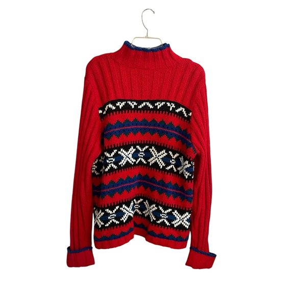 Vintage Red Nordic Fair Isle Sweater Mock Neck Winter Ski Lodge Knit Pullover XL - Picture 2 of 8
